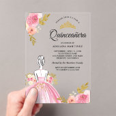 Roze Bloemen Jurk Princess Gold Quinceanera Acryl Uitnodigingen (Insitu (Draagbaar))