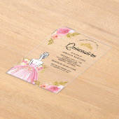 Roze Bloemen Jurk Princess Gold Quinceanera Acryl Uitnodigingen (Laagn)