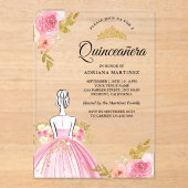 Roze Bloemen Jurk Princess Gold Quinceanera Acryl Uitnodigingen (Voorkant)