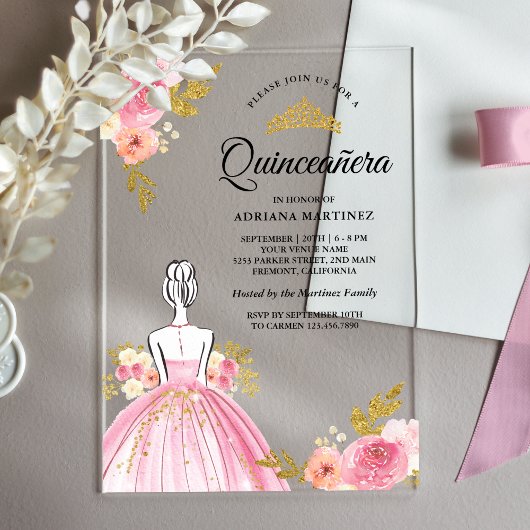 Roze Bloemen Jurk Princess Gold Quinceanera Acryl Uitnodigingen
