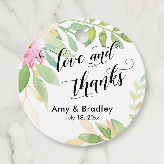 Roze Bloemen & Kalligrafie Liefde en Bedankt bruil Bedankjes Labels (Voorkant)