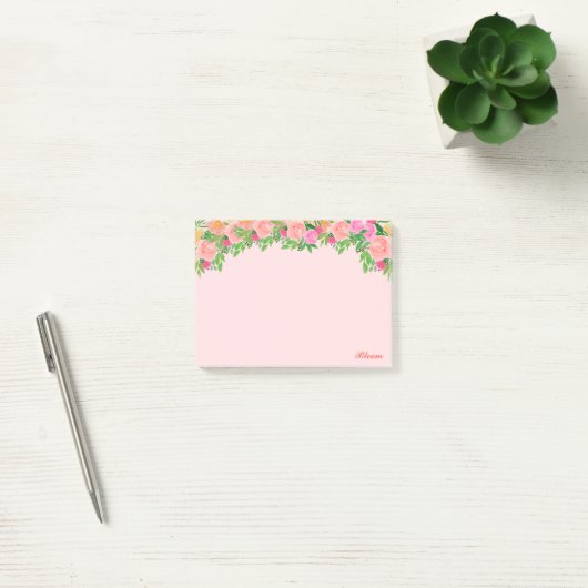 Roze bloemen & kalligrafie op lichtroze post-it® notes (Kantoor)