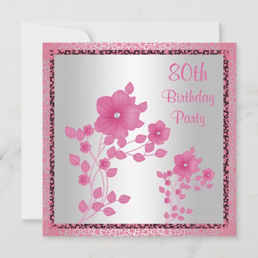 Roze Bloemen & Kant 80ste Verjaardagsfeest Kaart (Voorkant)