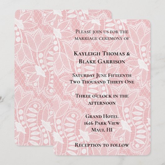 Roze Bloemen Kant Bruiloft Kaart (Voorkant / Achterkant)