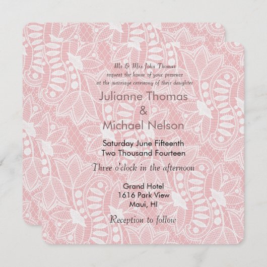 Roze Bloemen Kant Bruiloft Kaart (Voorkant / Achterkant)