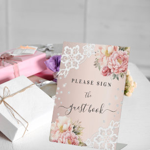 Roze bloemen kant gast boek bord reclamebord met voetstuk