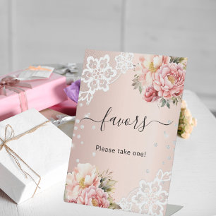 Roze bloemen kant gunst teken reclamebord met voetstuk