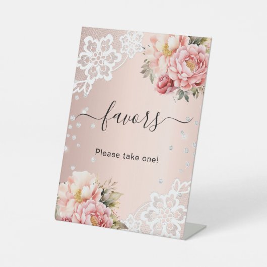 Roze bloemen kant gunstteken reclamebord met voetstuk (Voorkant)