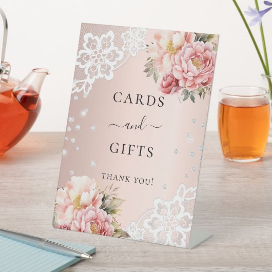 Roze bloemen kant kaarten geschenken teken reclamebord met voetstuk (Insitu)