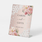 Roze bloemen kant kaarten geschenken teken reclamebord met voetstuk (Voorkant)