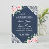 Roze Bloemen Kant Marine Blauw QR Code Moslim Brui Kaart (Staand voorkant)