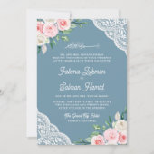 Roze Bloemen Kant Stoffig Blauw QR Code Moslim Bru Kaart (Voorkant)