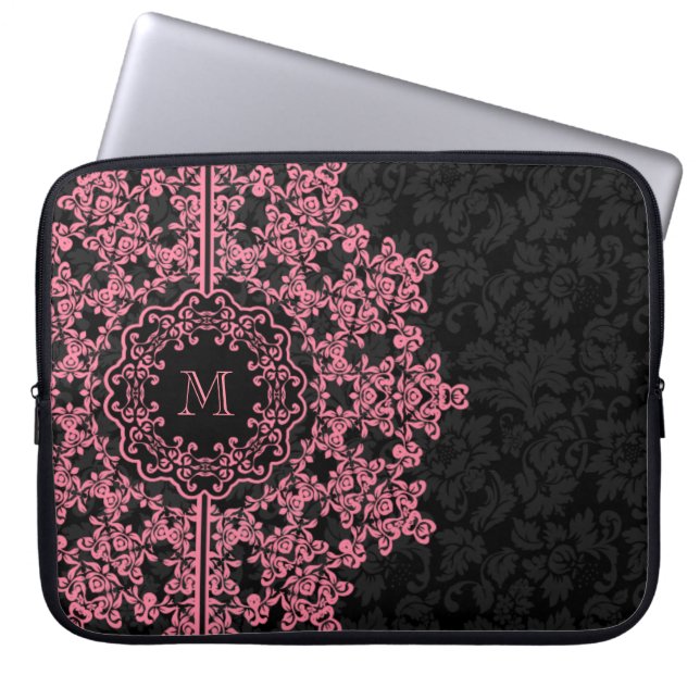 Roze Bloemen Kant Zwart Damasks Monogramed Laptop Sleeve (Voorkant)