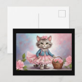 Roze Bloemen Kat in Jurk met Bloemmand Briefkaart (Voorkant / Achterkant)