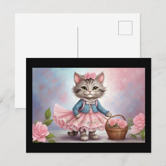 Roze Bloemen Kat in Jurk met Bloemmand Briefkaart (Voorkant / Achterkant)