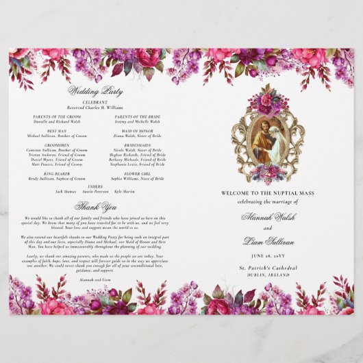 Roze Bloemen Katholieke Huwelijksceremonie Program (Voorkant)