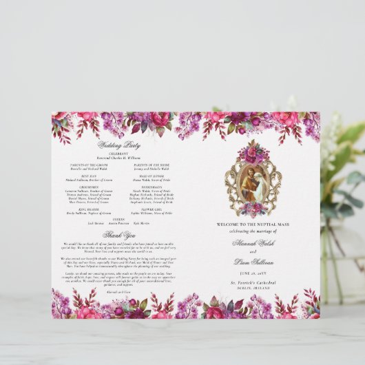 Roze Bloemen Katholieke Huwelijksceremonie Program (Staand voorkant)