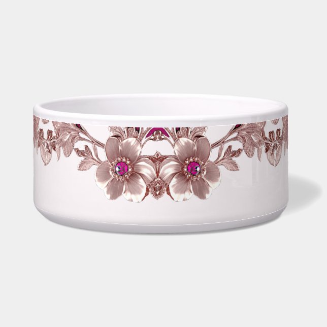 Roze  Bloemen Keramische Pet Bowl Voerbakje (Voorkant)