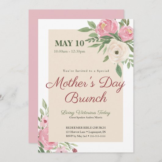 Roze Bloemen Kerk Moederdag Brunch Kaart (Voorkant / Achterkant)