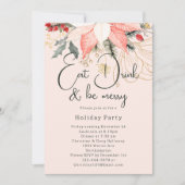 Roze Bloemen Kerst Eet Drink en Wees vrolijk feest Kaart (Voorkant)