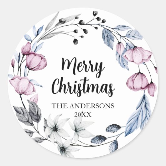 Roze Bloemen Kerst Envelop Afdichtingen Ronde Sticker (Voorkant)