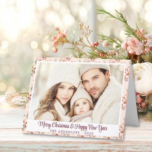 Roze Bloemen Kerst Kaart