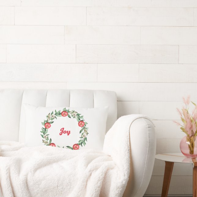 Roze Bloemen Kerst Krans Lumbar Kussen | Vrede (Bank)