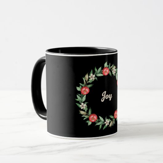 Roze Bloemen Kerst Krans Mok | vreugde (Voorkant links)