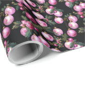 Roze Bloemen Kerst Ornamenten & Camelia's Zwart Cadeaupapier (Rol Hoek)