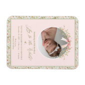 Roze Bloemen Kerstfoto Baby aankondiging Magneet (Horizontaal)