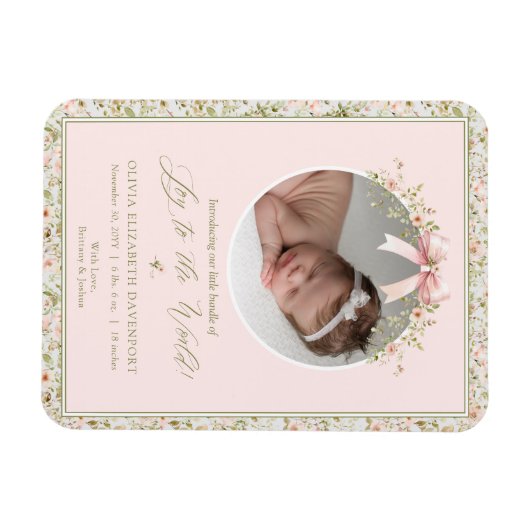 Roze Bloemen Kerstfoto Baby aankondiging Magneet (Horizontaal)