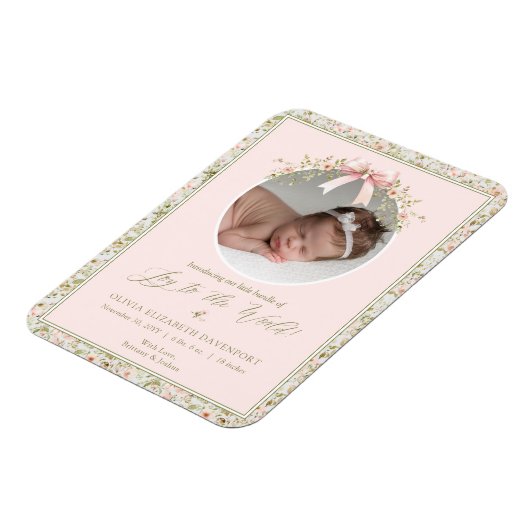 Roze Bloemen Kerstfoto Baby aankondiging Magneet (Linkerzijde)