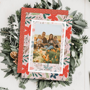 Roze Bloemen Kerstvakantie fotokaart Kaart