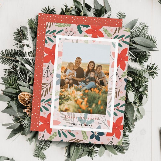 Roze Bloemen Kerstvakantie fotokaart Kaart