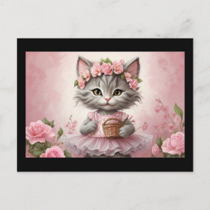 Roze Bloemen Kitten in Jurk Briefkaart