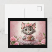 Roze Bloemen Kitten in Jurk Briefkaart (Voorkant / Achterkant)