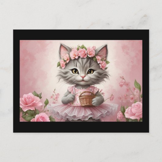 Roze Bloemen Kitten in Jurk Briefkaart (Voorkant)