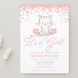 Roze Bloemen Kitten Meisje Baby Shower Kaart