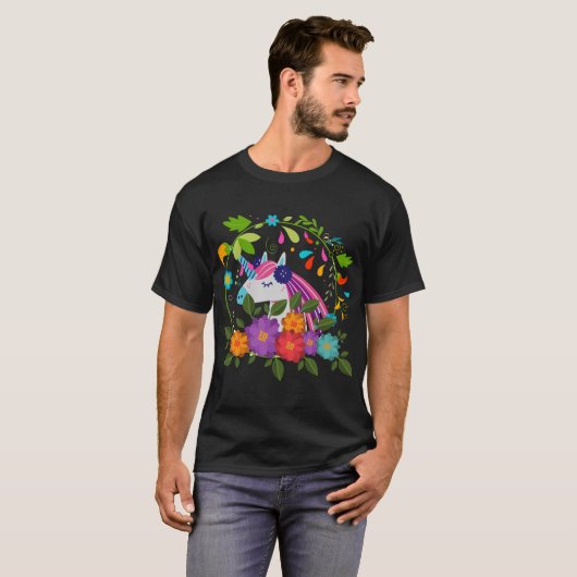  roze bloemen klap unicorn Merry Kerstmis T-shirt (Voorkant volledig)
