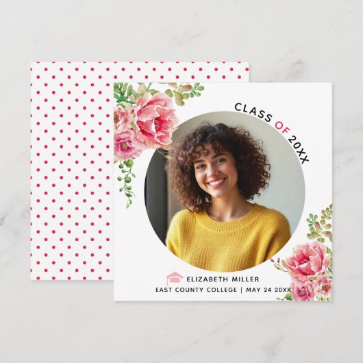 Roze bloemen Klasse van 2025 afstuderen foto Aankondiging (Voorkant / Achterkant)