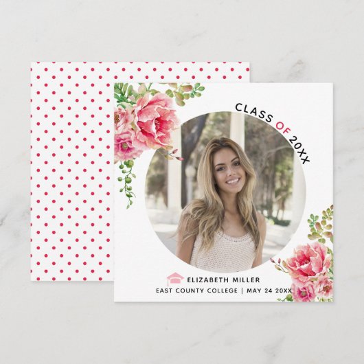 Roze bloemen Klasse van 2025 afstuderen foto Aankondiging (Voorkant / Achterkant)