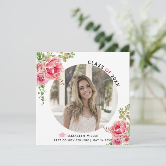 Roze bloemen Klasse van 2025 afstuderen foto Aankondiging (Staand voorkant)