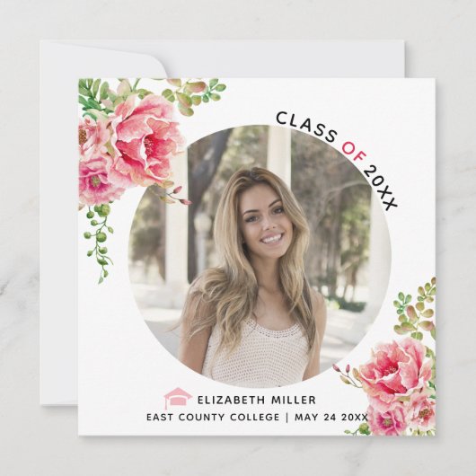 Roze bloemen Klasse van 2025 afstuderen foto Aankondiging (Voorkant)