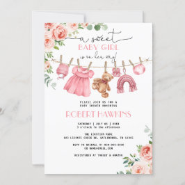 Roze Bloemen Kleding Meisje Baby shower Invitation Kaart