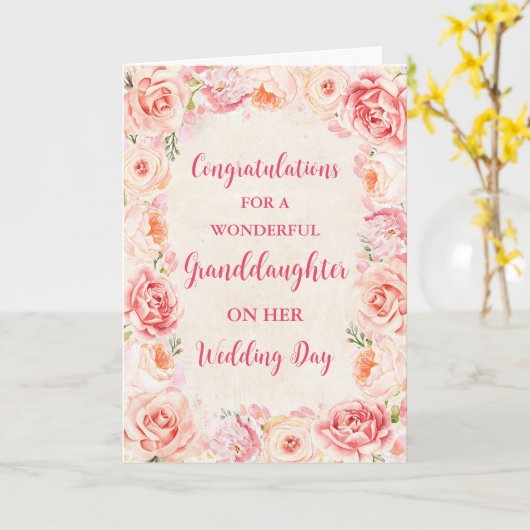 Roze Bloemen Kleindochter Bruiloft Gefeliciteerd Kaart (Gele Bloem)