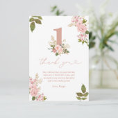 Roze Bloemen Kleine Miss 1e Verjaardag Bedankkaart (Staand voorkant)