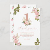 Roze Bloemen Kleine Miss 1e Verjaardag Bedankkaart (Voorkant / Achterkant)