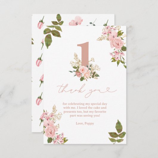 Roze Bloemen Kleine Miss 1e Verjaardag Bedankkaart (Voorkant / Achterkant)