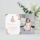 Roze Bloemen Kleine Miss 1e Verjaardag Bedankkaart (Staand voorkant)