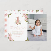 Roze Bloemen Kleine Miss 1e Verjaardag Bedankkaart (Voorkant / Achterkant)